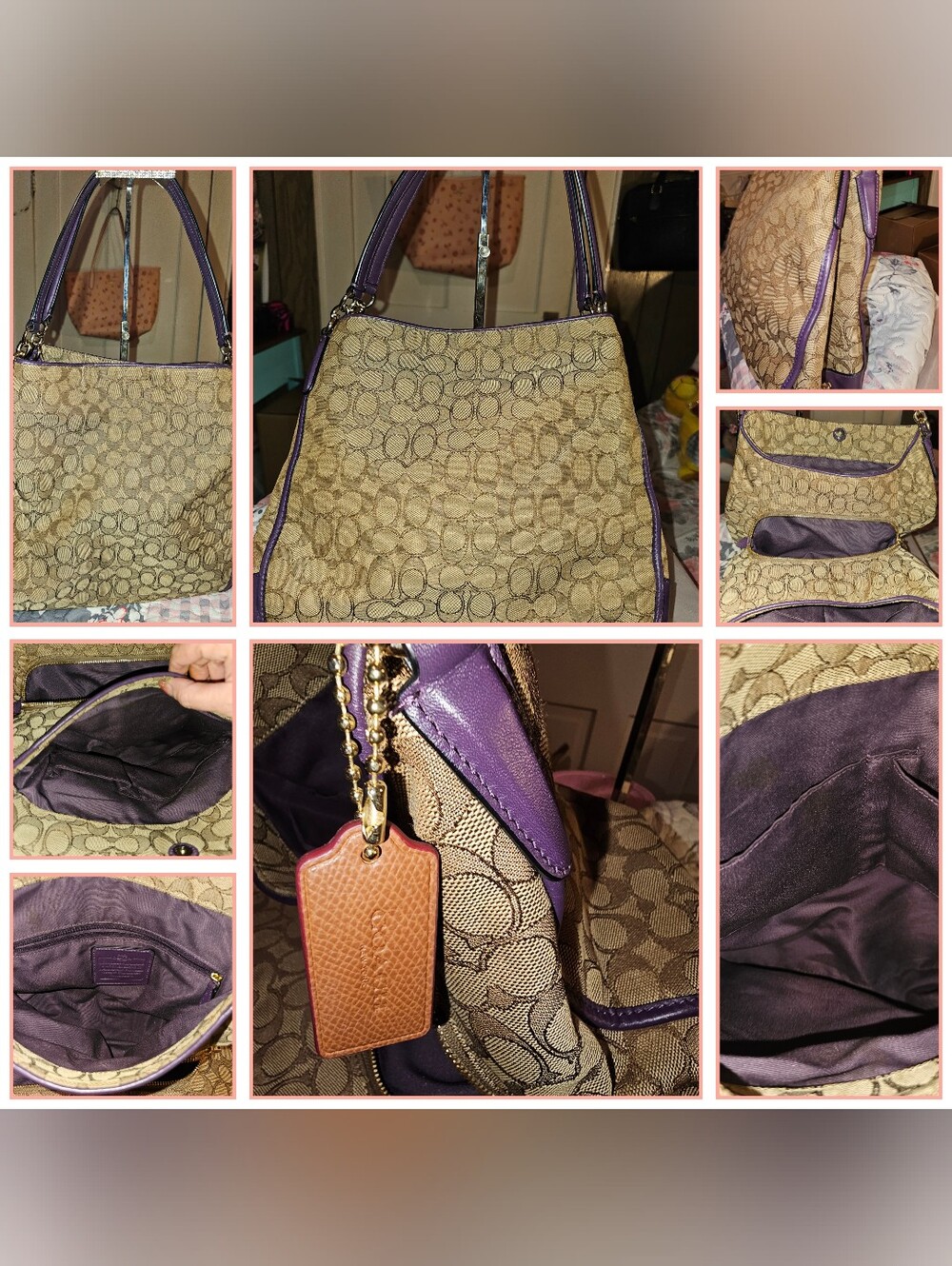 Coach Signature Canvas Shoulder Bag with Purple Leather Trim Multi Compartments